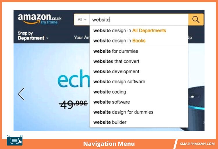 Amazon website Navigation Menu auto complete search